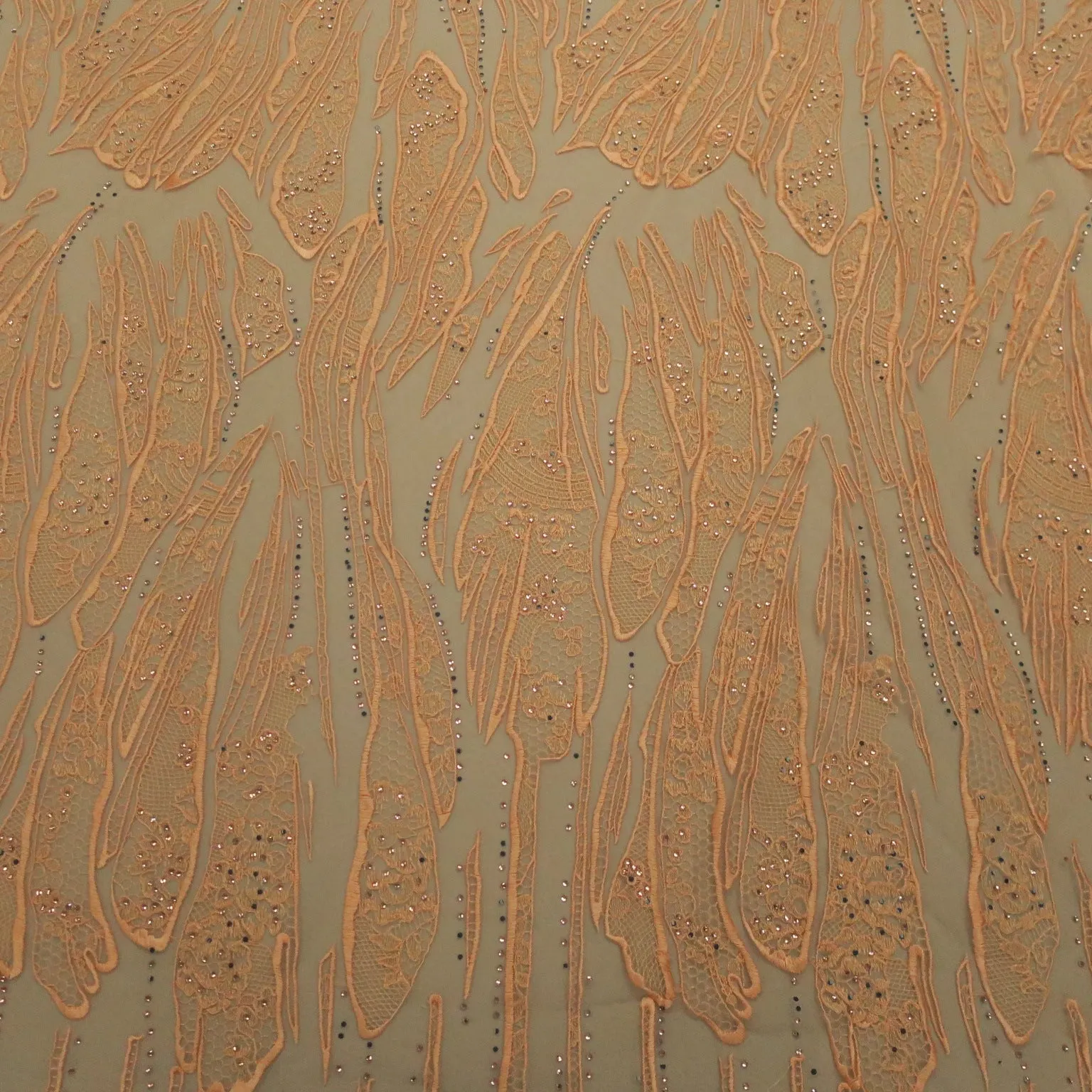 Orange Embroidery with Small Crystals Abstract Embroidered Tulle Fabric