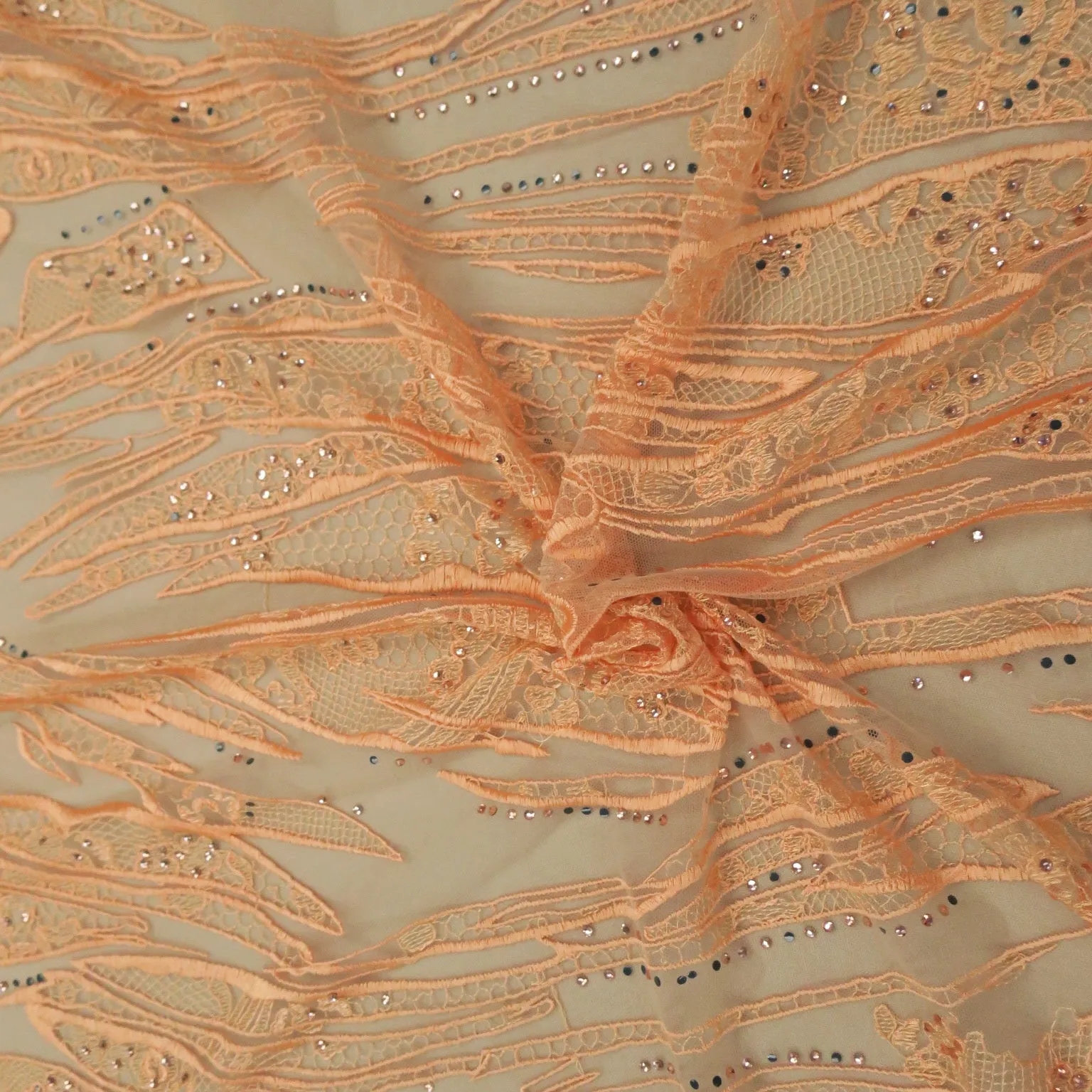 Orange Embroidery with Small Crystals Abstract Embroidered Tulle Fabric