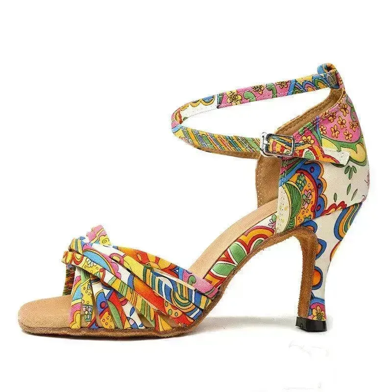 Printed Satin Latin Dance Shoes High Heels
