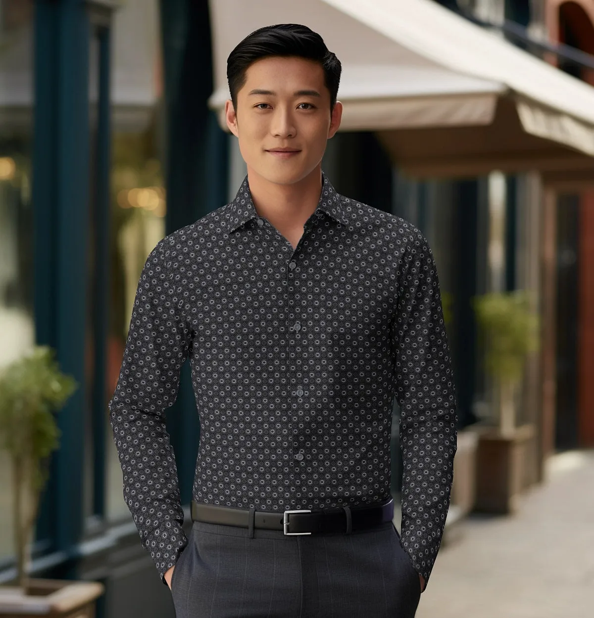 Pure Cotton - Semi-Spread Collar - Long Sleeve - Dark Gray Floral Maze