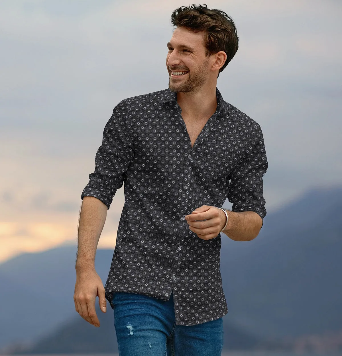 Pure Cotton - Semi-Spread Collar - Long Sleeve - Dark Gray Floral Maze