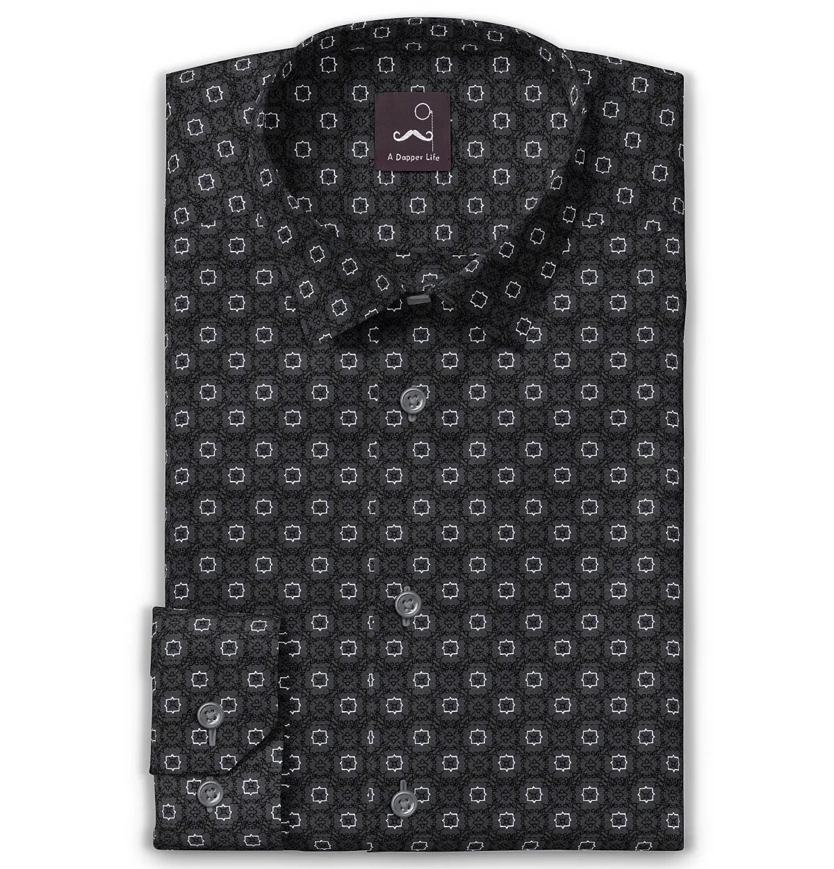 Pure Cotton - Semi-Spread Collar - Long Sleeve - Dark Gray Floral Maze