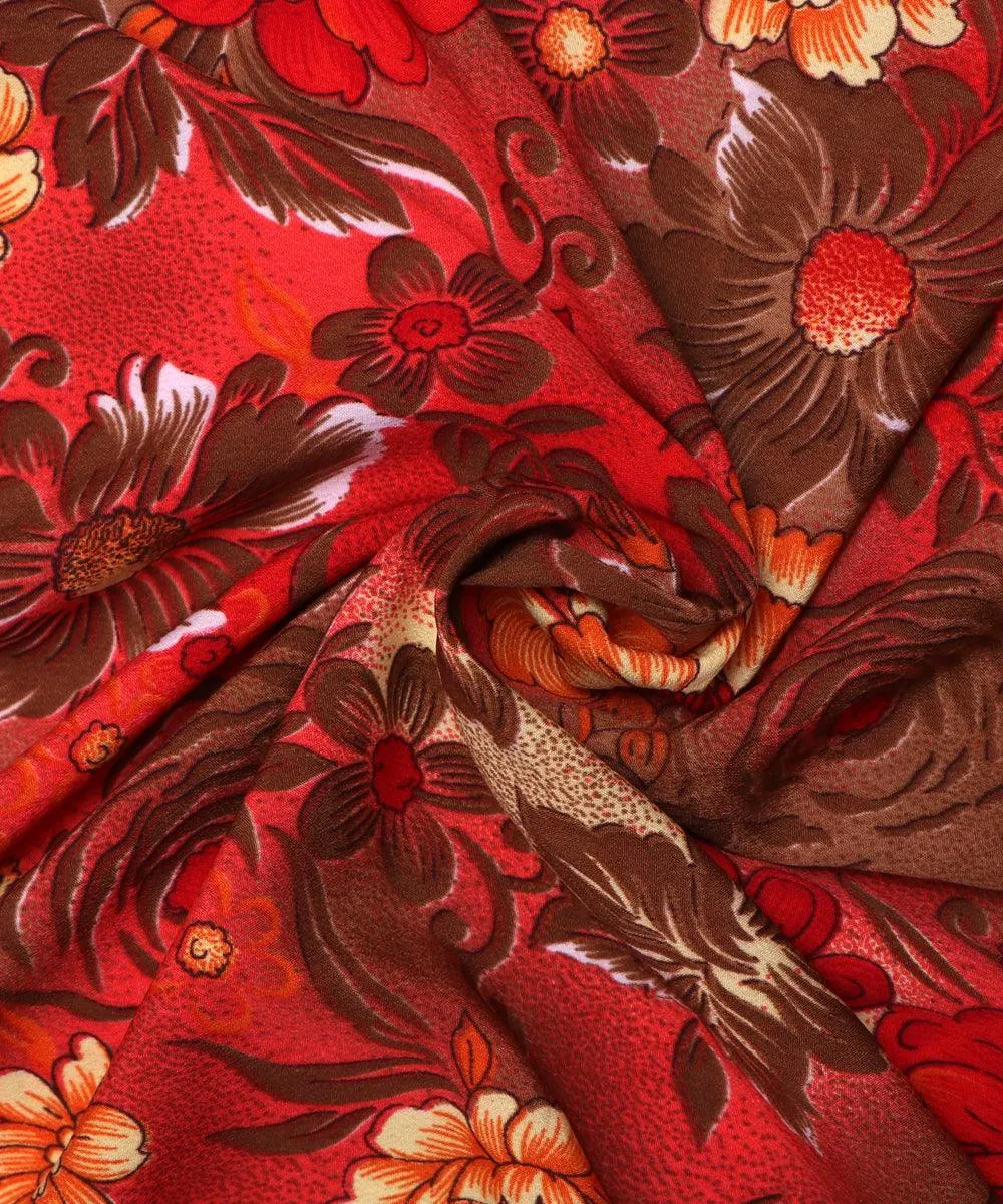 Red Brown Floral Pattern Crepe Fabric