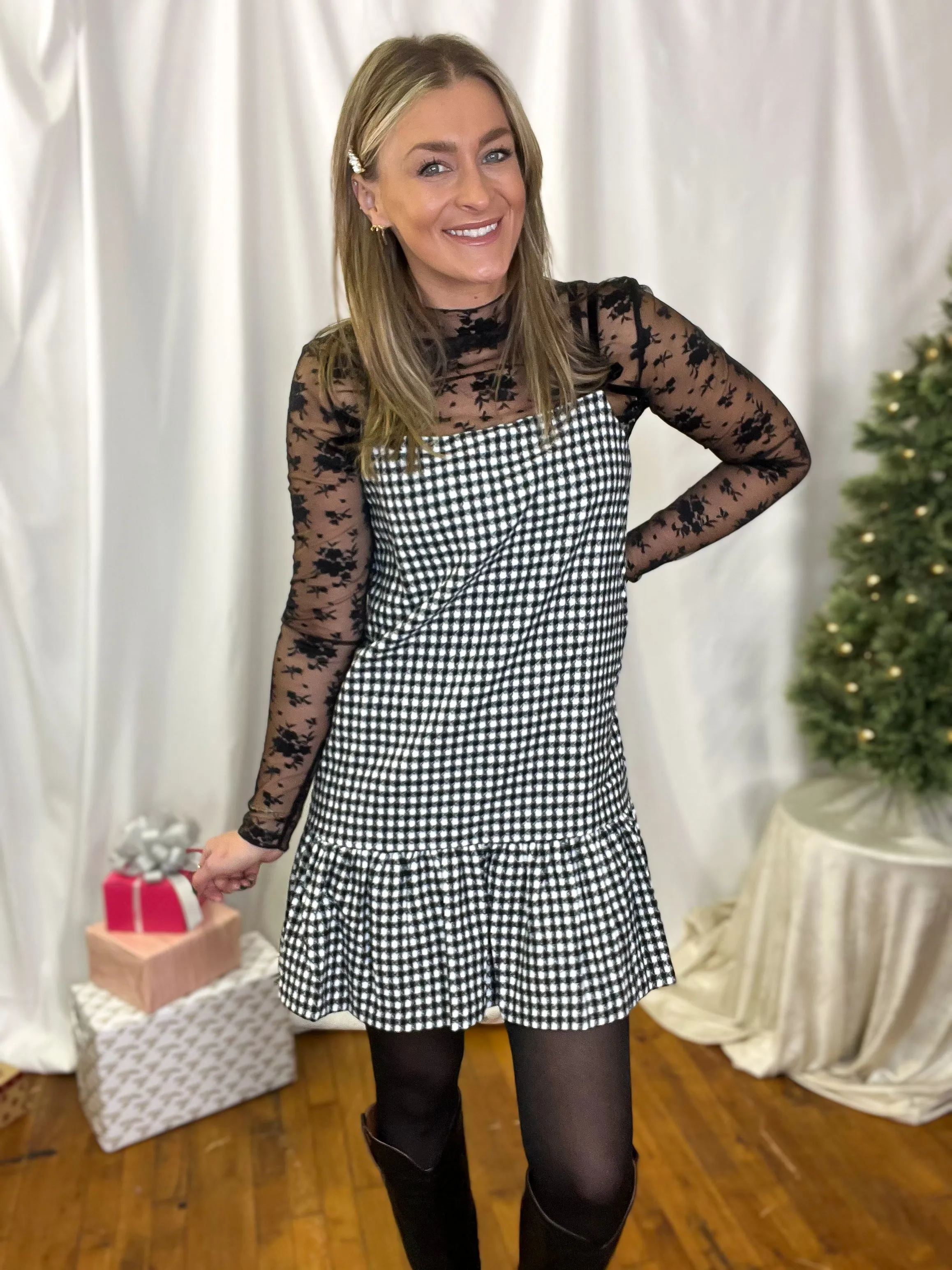 Ribbon Strap Gingham Plaid Ruffle Hem Dress
