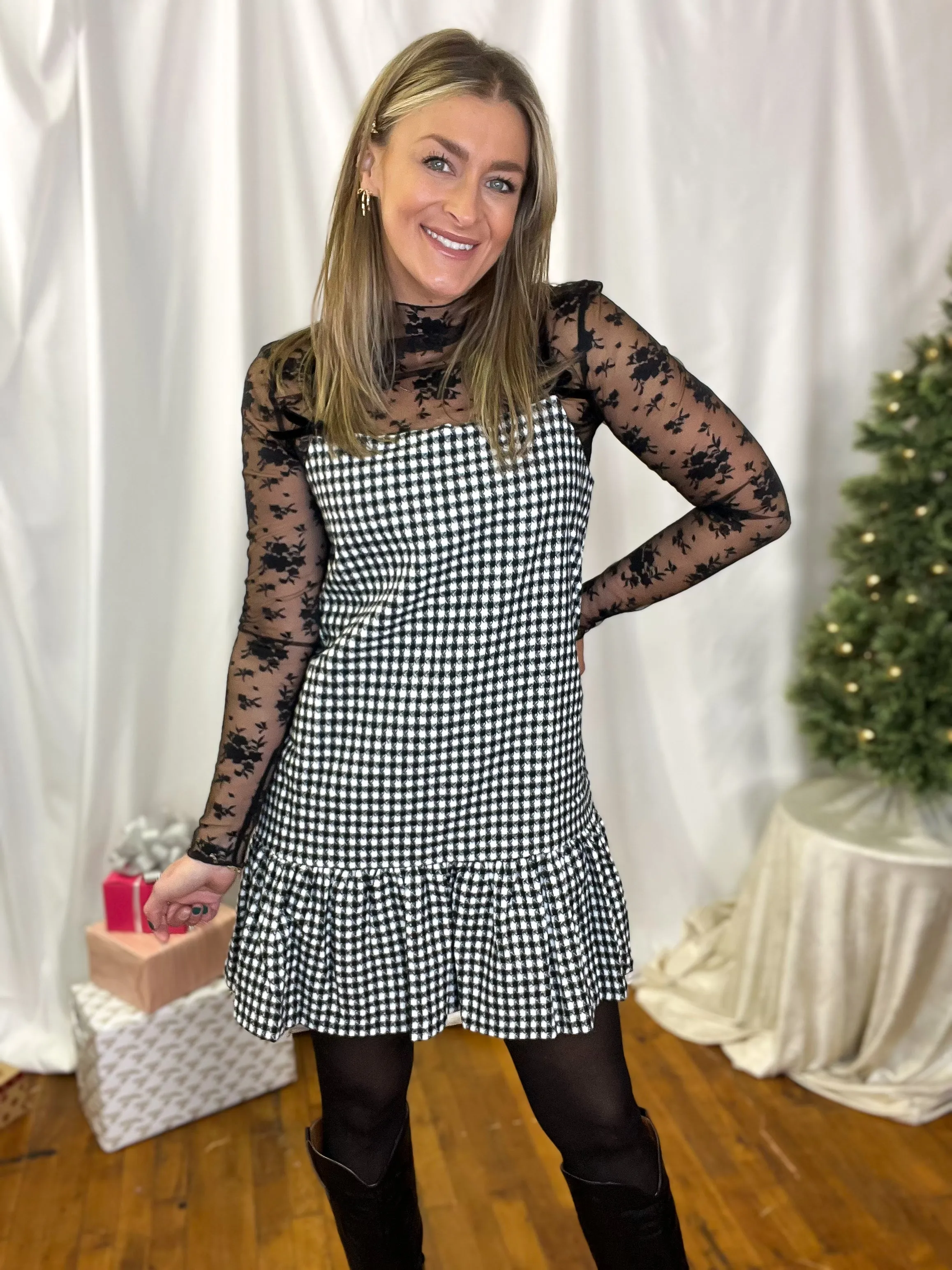 Ribbon Strap Gingham Plaid Ruffle Hem Dress