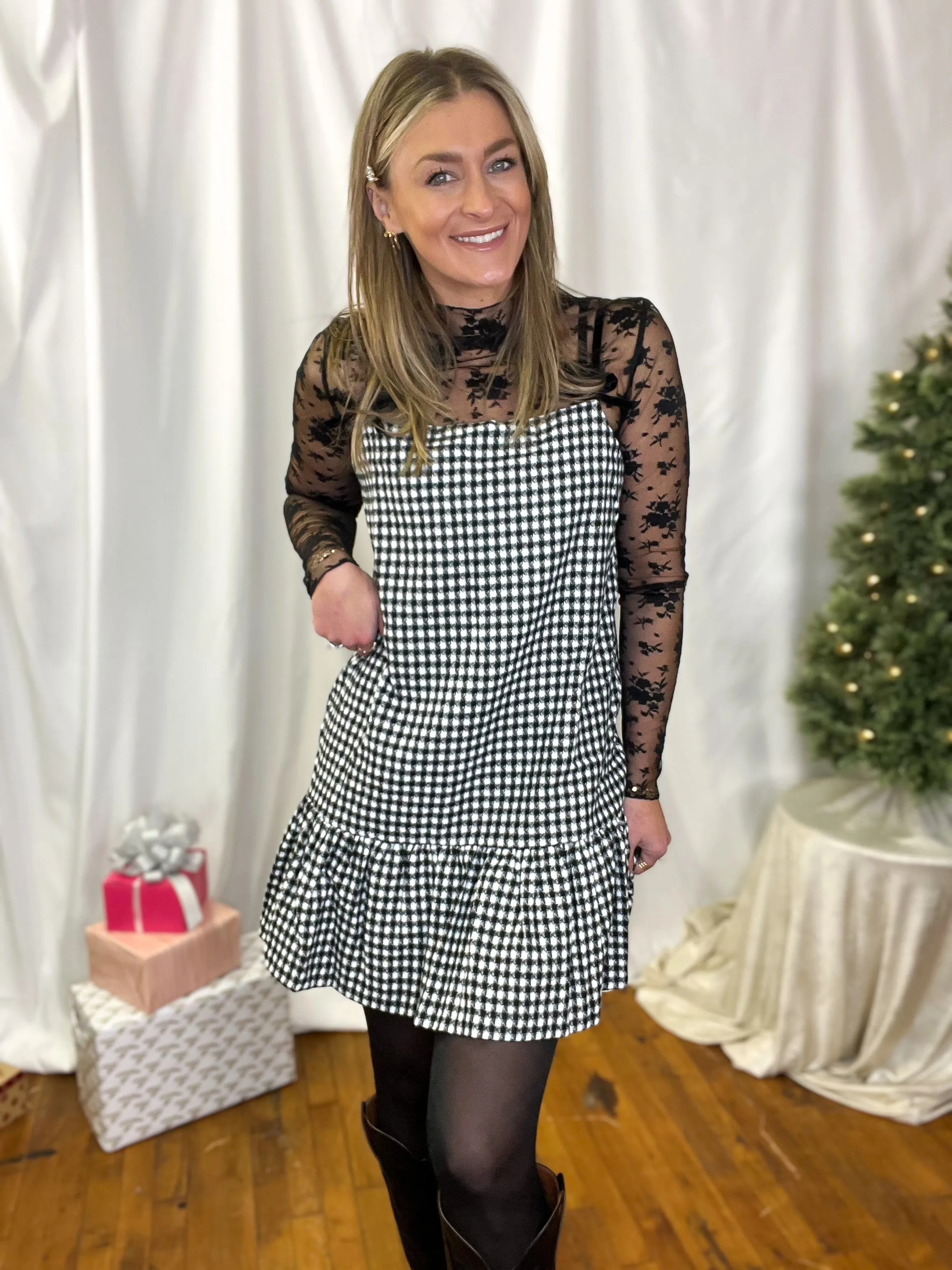 Ribbon Strap Gingham Plaid Ruffle Hem Dress