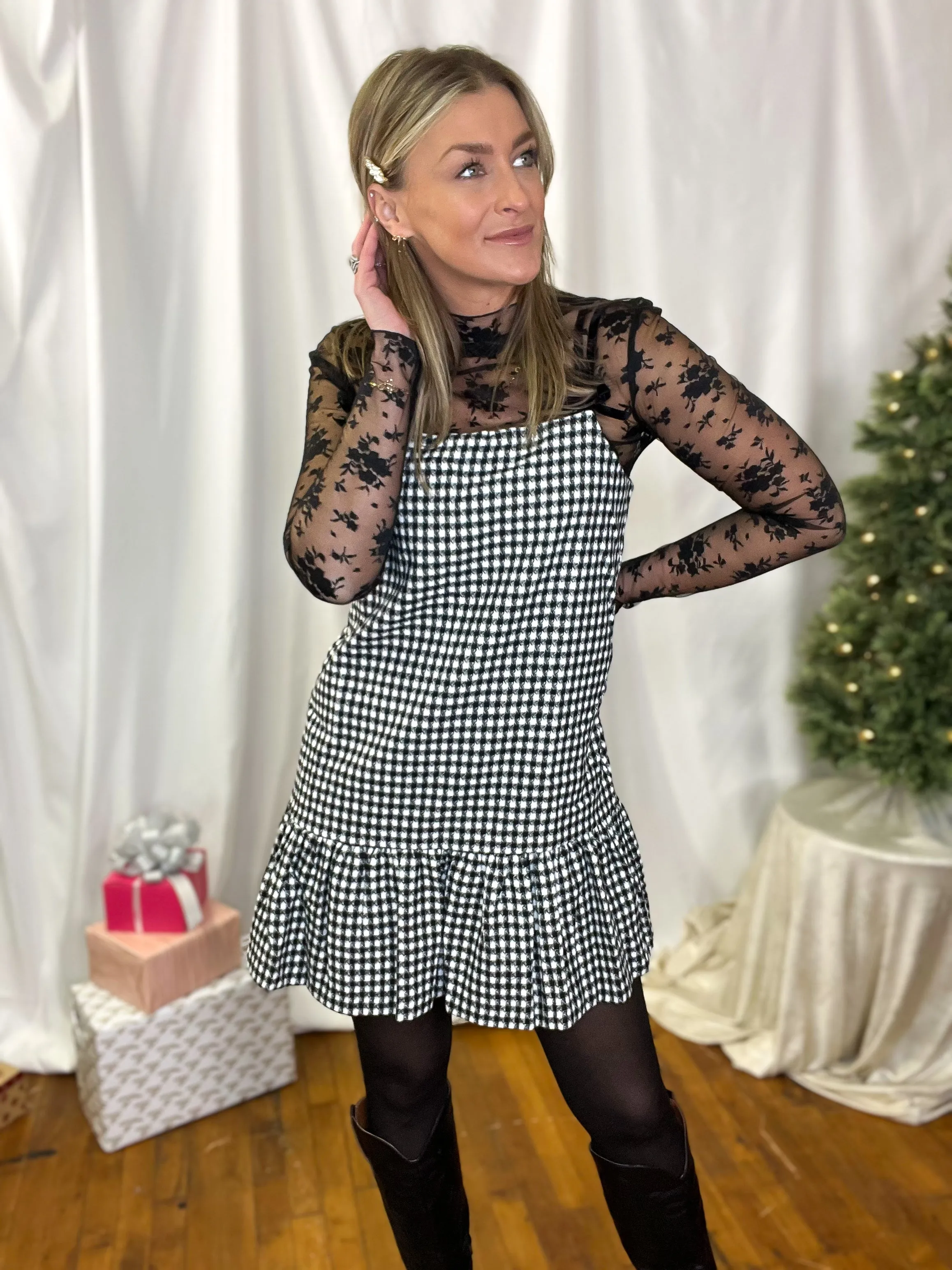 Ribbon Strap Gingham Plaid Ruffle Hem Dress