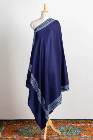 Sapphire Elegance Hand-Embroidered Sozni Merino Wool Wrap