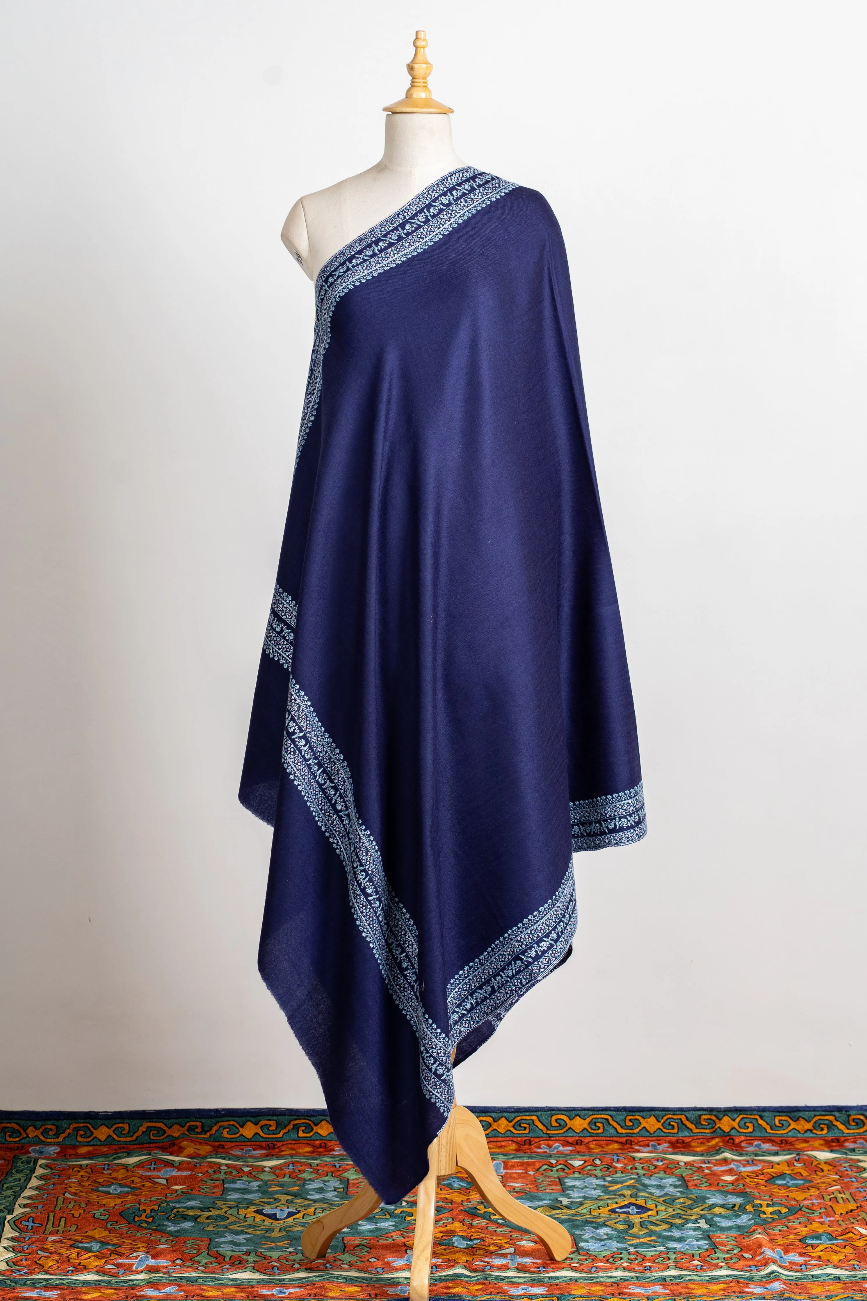Sapphire Elegance Hand-Embroidered Sozni Merino Wool Wrap