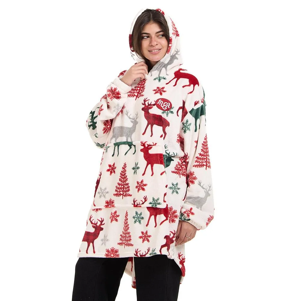 Snuggs Blanket Hoodie White Deer Christmas