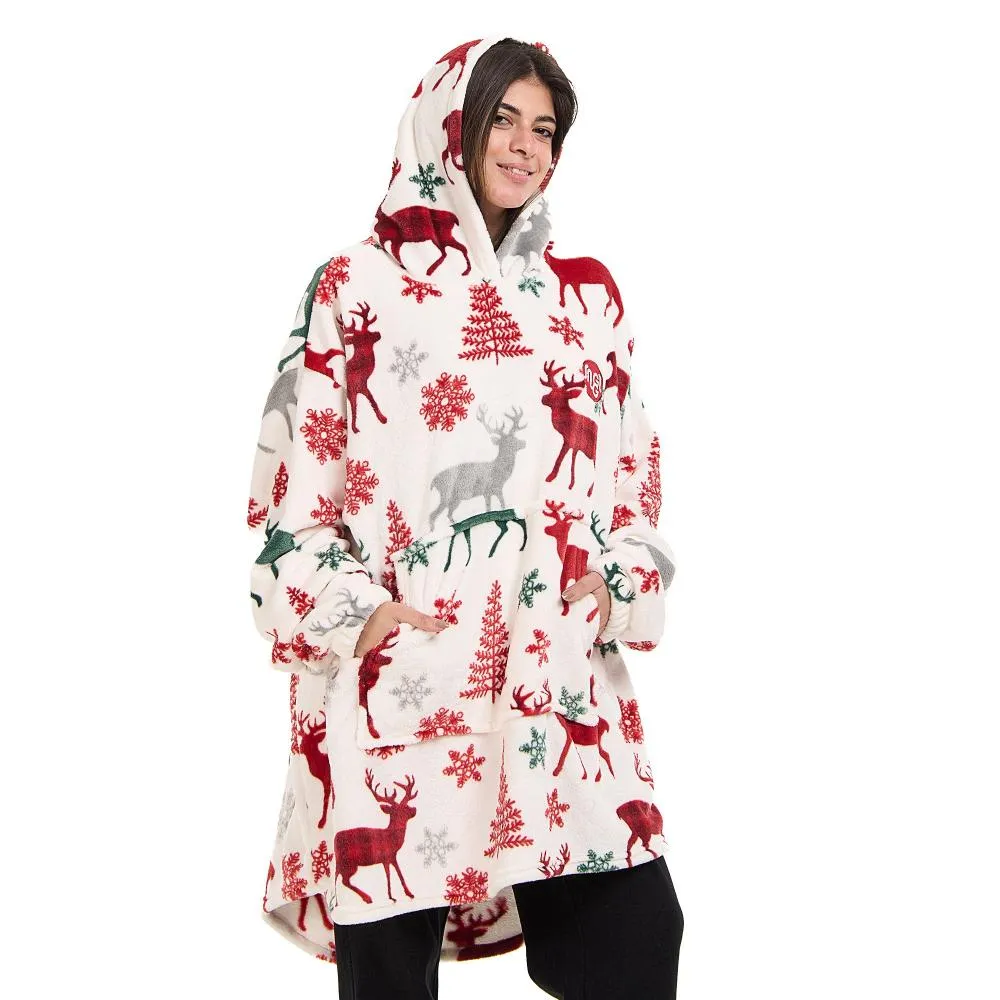 Snuggs Blanket Hoodie White Deer Christmas