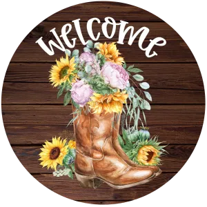 Welcome Sign, Boots Sign, Country Sign, DECOE-4049-DH, 18 Wood Round