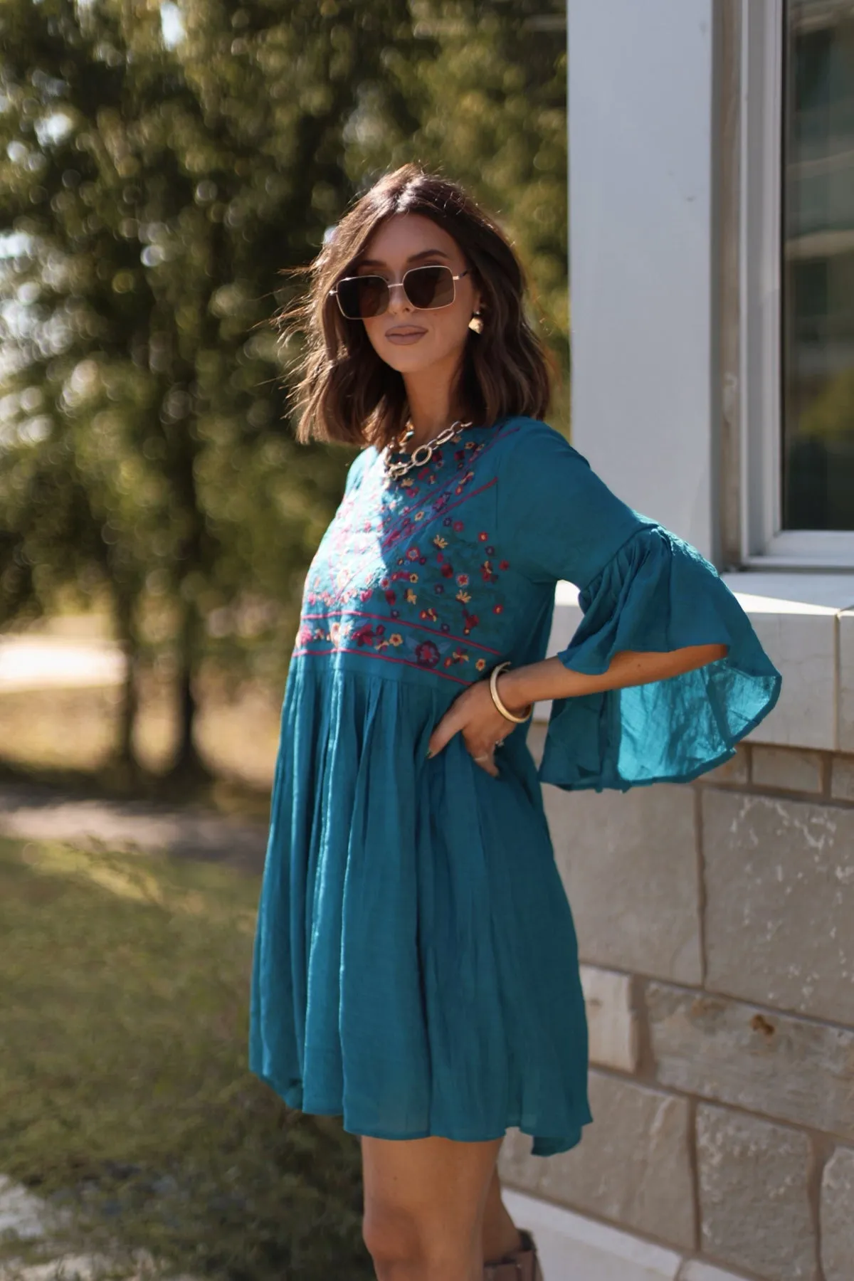 Whimsical Teal Floral Embroidered Mini Dress - FINAL SALE