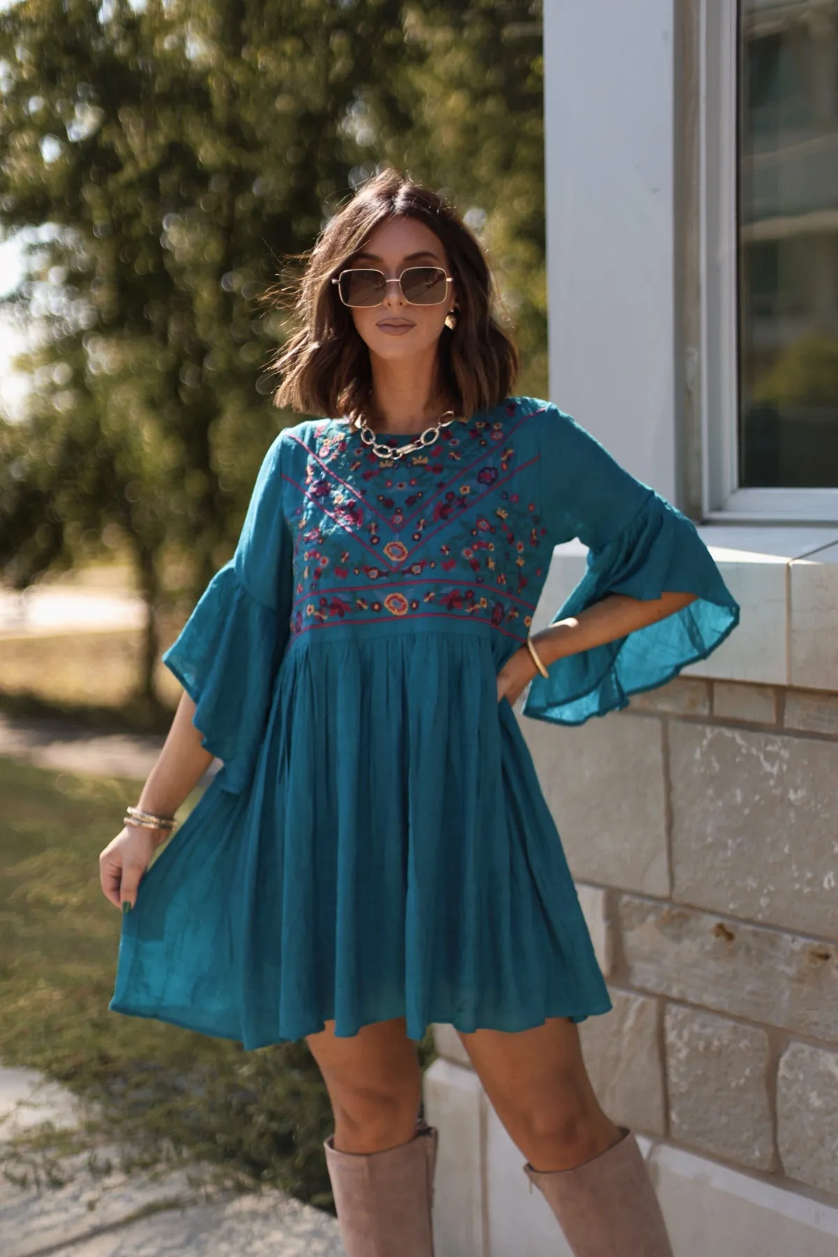 Whimsical Teal Floral Embroidered Mini Dress - FINAL SALE