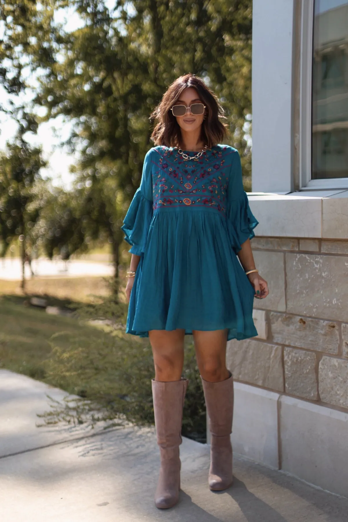 Whimsical Teal Floral Embroidered Mini Dress - FINAL SALE