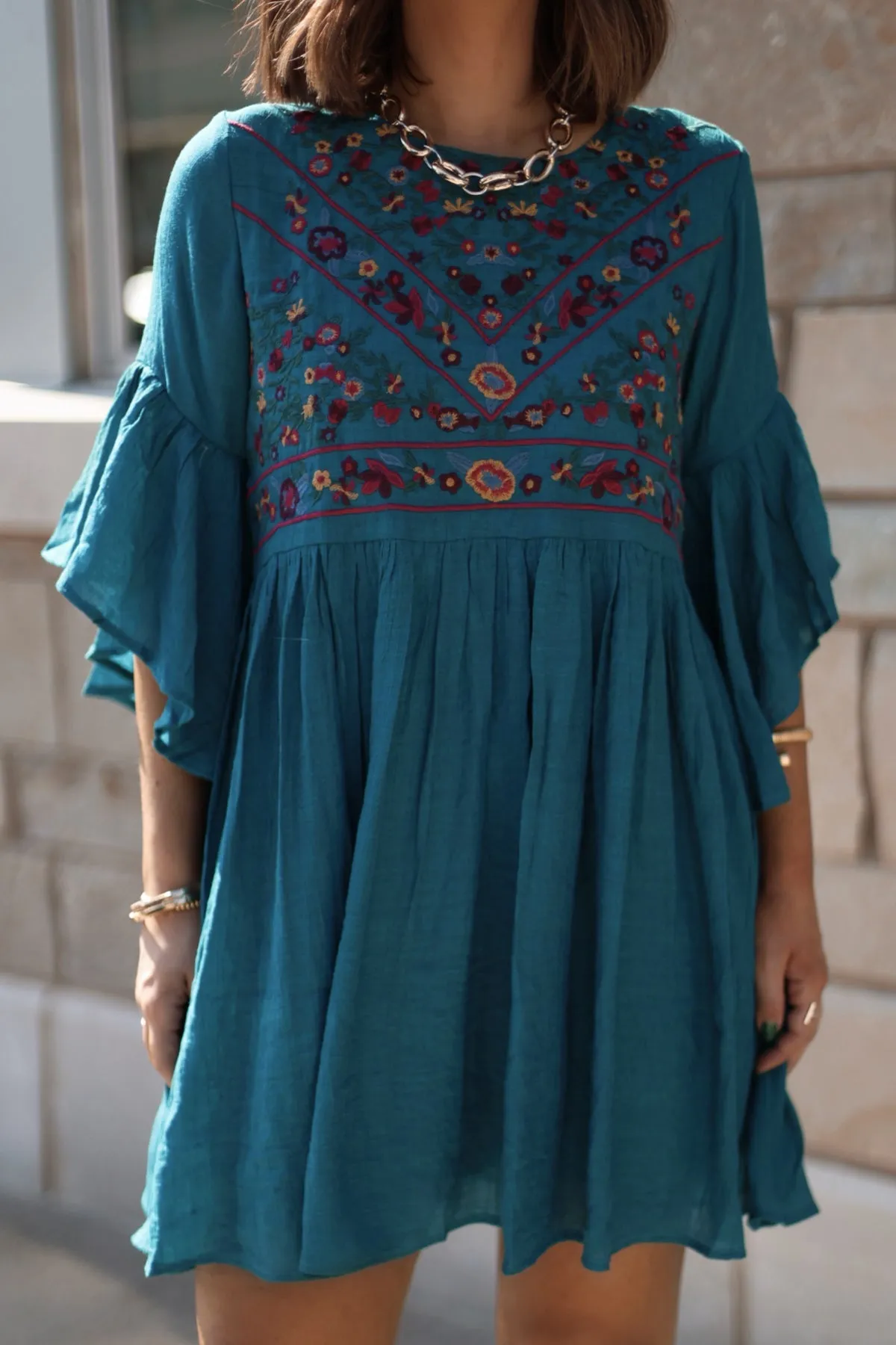 Whimsical Teal Floral Embroidered Mini Dress - FINAL SALE