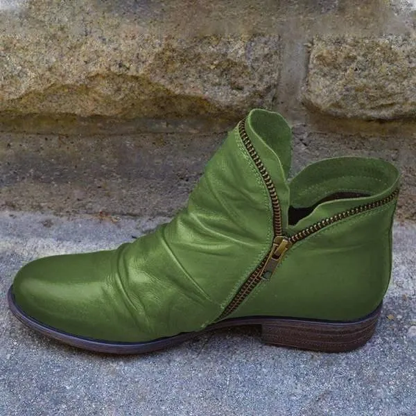 Women Casual Fashion Pure Color Ankle Round Toe Chunky Low Heel Zipper Red Booties