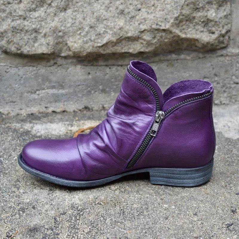 Women Casual Fashion Pure Color Ankle Round Toe Chunky Low Heel Zipper Red Booties