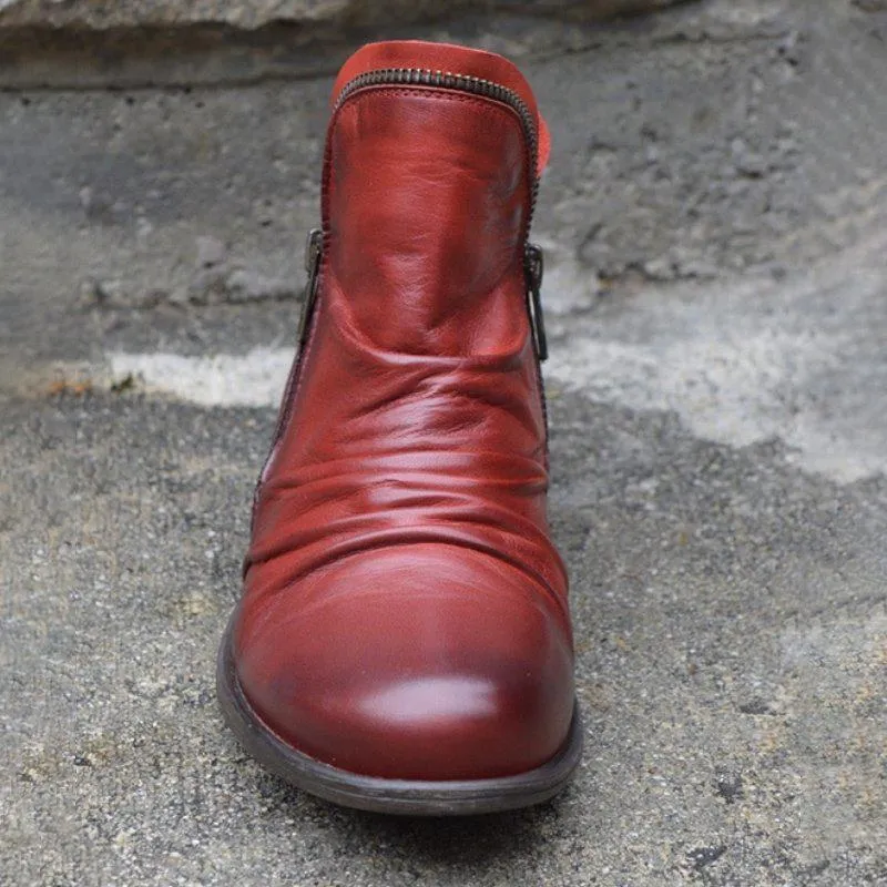 Women Casual Fashion Pure Color Ankle Round Toe Chunky Low Heel Zipper Red Booties