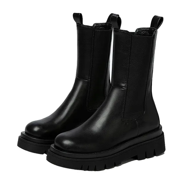Womens Chunky Mid Heel Mid Calf Chelsea Boots Slip On Round Toe Platform Ankle Booties