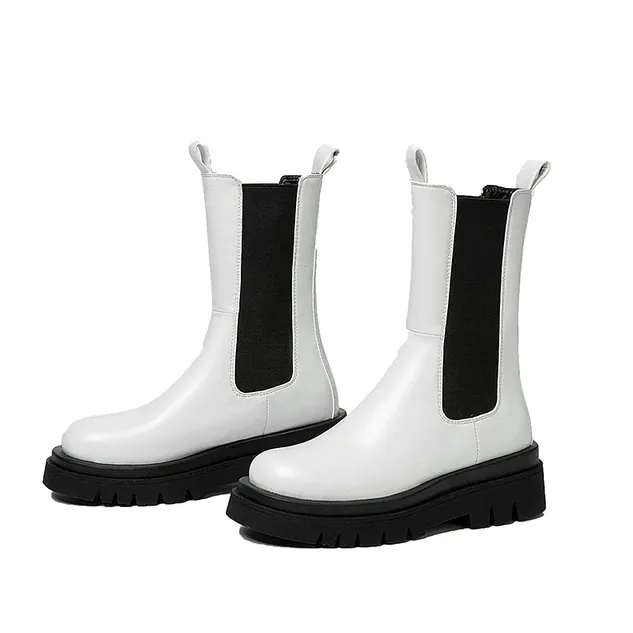 Womens Chunky Mid Heel Mid Calf Chelsea Boots Slip On Round Toe Platform Ankle Booties