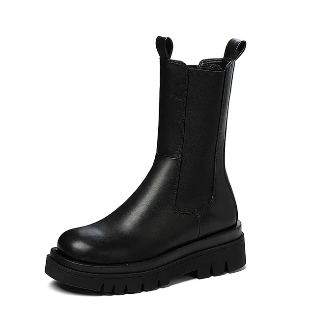 Womens Chunky Mid Heel Mid Calf Chelsea Boots Slip On Round Toe Platform Ankle Booties