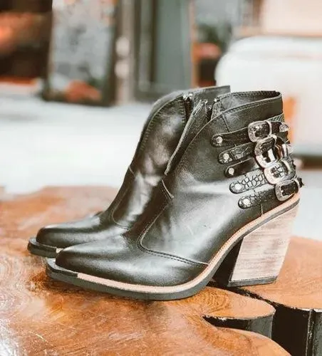 Women's V shape block heel ankle boots vintage buckle strap booties