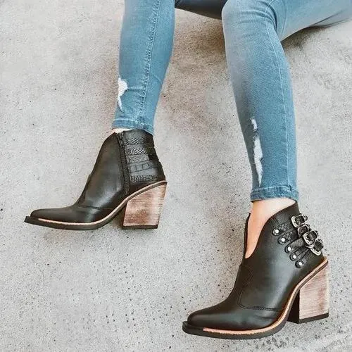 Women's V shape block heel ankle boots vintage buckle strap booties